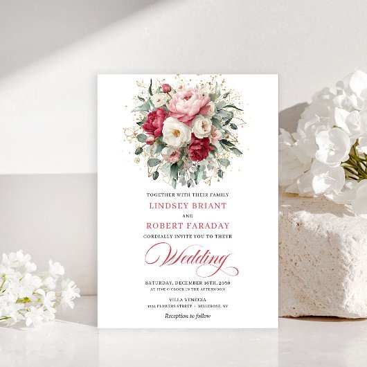 Classic Boho Ruby Red Blush Gold Floral Invitation Kaart
