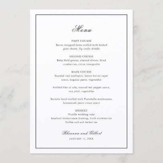 Classic Border Black and White Timeless Wedding Menu (Voorkant)