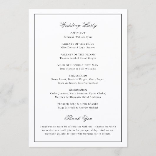Classic Border Black and White Timeless Wedding Programmakaart (Achterkant)
