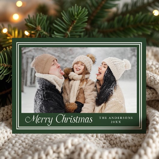 Classic Border Forest Green Merry Christmas Photo Feestdagenkaart