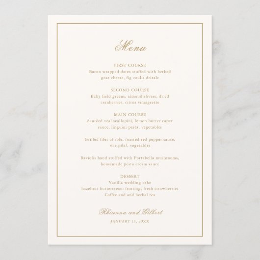 Classic Border Ivory and Gold Timeless Wedding Menu (Voorkant)