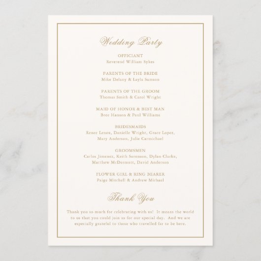 Classic Border Ivory and Gold Timeless Wedding Programmakaart (Achterkant)