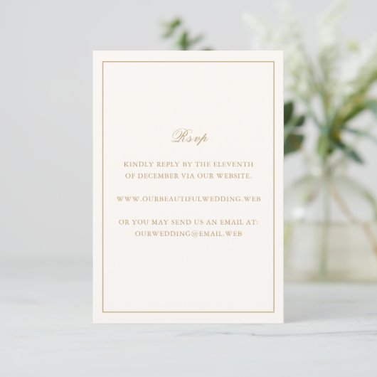 Classic Border Ivory and Gold Timeless Wedding RSVP Kaartje (Staand voorkant)