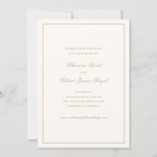 Classic Border Ivory and Gold Timeless Wedding Save The Date (Voorkant)