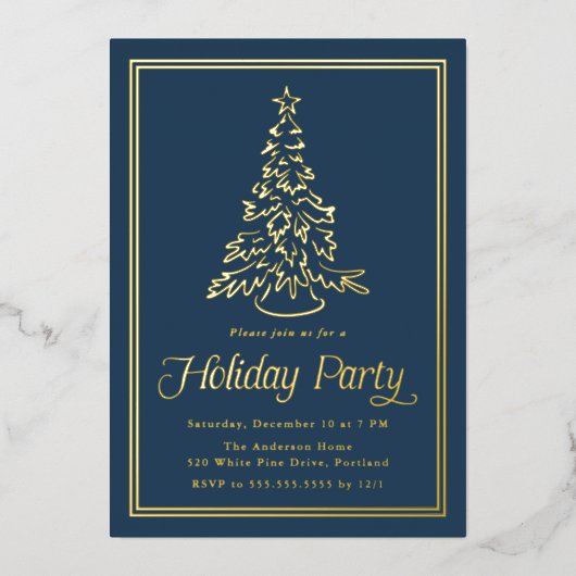 Classic Border Navy Christmas Tree Holiday Party Folie Uitnodiging (Voorkant)