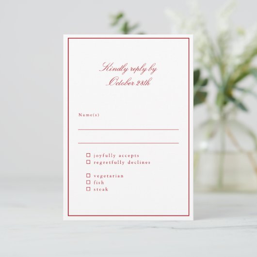 Classic Border Red Elegant Wedding Meal Choice RSVP Kaartje (Staand voorkant)