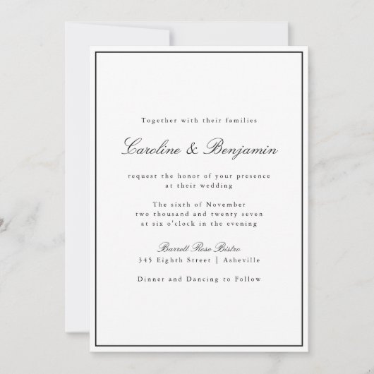 Classic Border Script Black White Elegant Wedding Kaart (Voorkant)