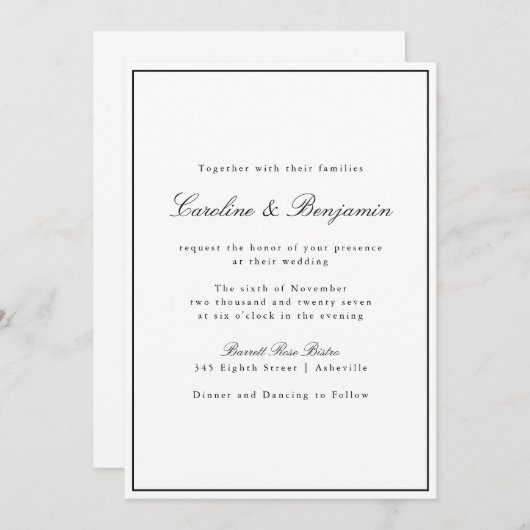 Classic Border Script Black White Elegant Wedding Kaart (Voorkant / Achterkant)