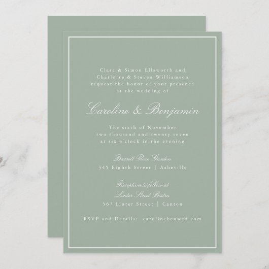 Classic Border Script Elegant Wedding Sage RSVP Kaart (Voorkant / Achterkant)
