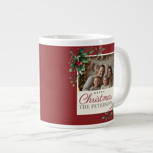 Classic Botanical Red Custom Photo Christmas Grote Koffiekop (Voorkant rechts)