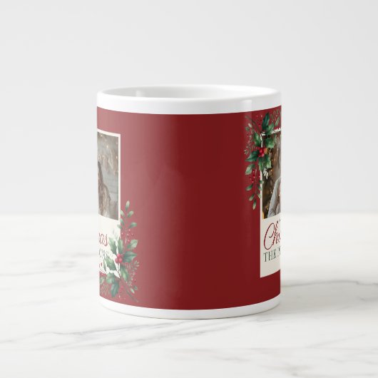 Classic Botanical Red Custom Photo Christmas Grote Koffiekop (Voorkant)