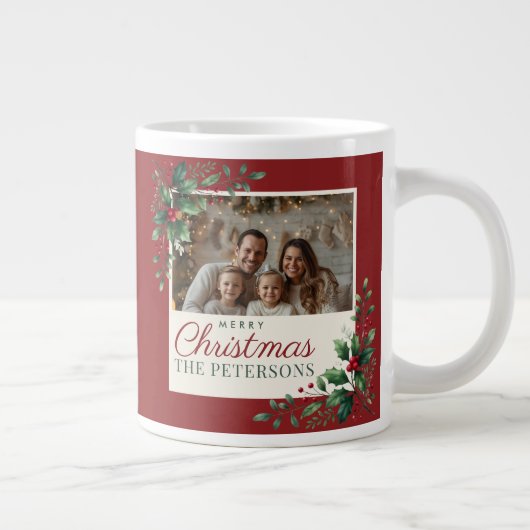 Classic Botanical Red Custom Photo Christmas Grote Koffiekop (Rechts)
