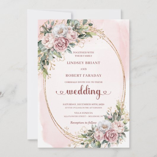 Classic Botanical Rose Gold Blush Wedding Invite Kaart (Voorkant)