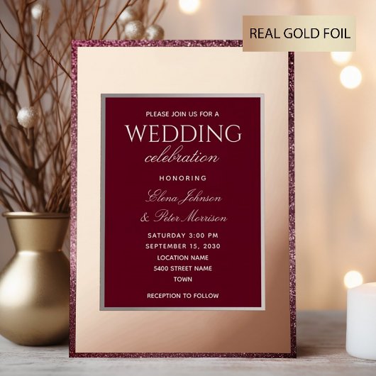 Classic Bourgogne Roos Gold Wedding Folie Uitnodiging