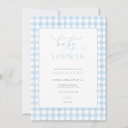 Classic Boy Blue Gingham Baby shower Uitnodiging (Voorkant)