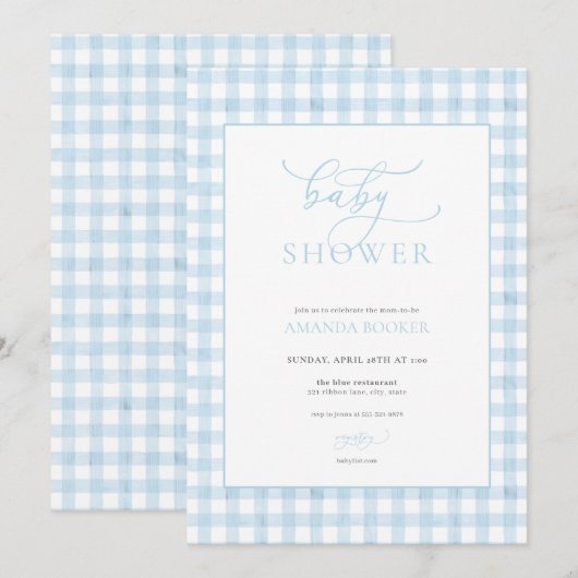 Classic Boy Blue Gingham Baby shower Uitnodiging (Voorkant / Achterkant)