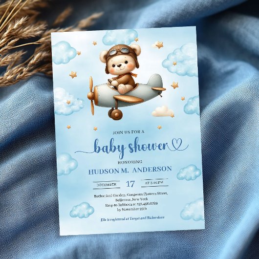 Classic Boy Shower Teddy Bear Pilot Blue Brown Kaart