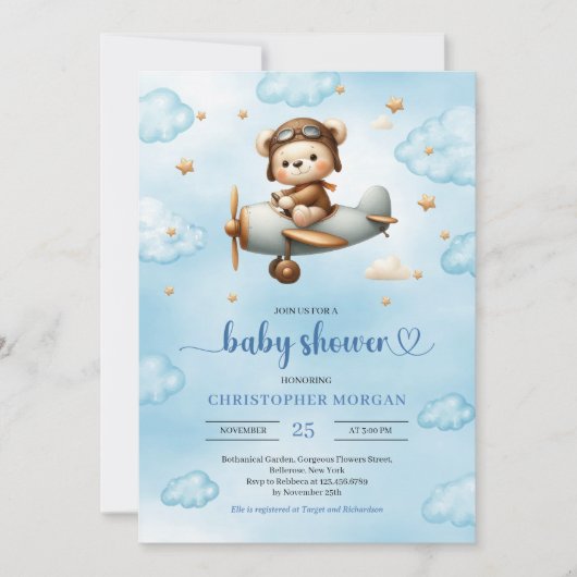 Classic Boy Shower Teddy Bear Pilot Blue Brown Kaart (Voorkant)