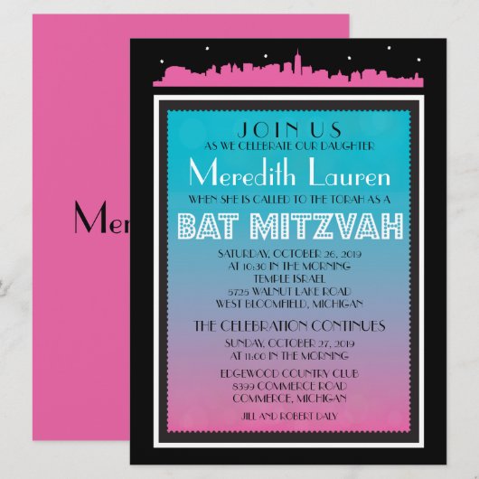 CLASSIC BROADWAY Bat Mitzvah Invitation-6 x 8 Kaart (Voorkant / Achterkant)