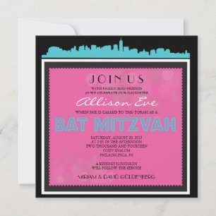 CLASSIC BROADWAY Bat Mitzvah Invitation roze1 Kaart