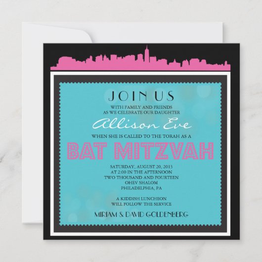 CLASSIC BROADWAY Bat Mitzvah Invitation roze2 Kaart (Voorkant)