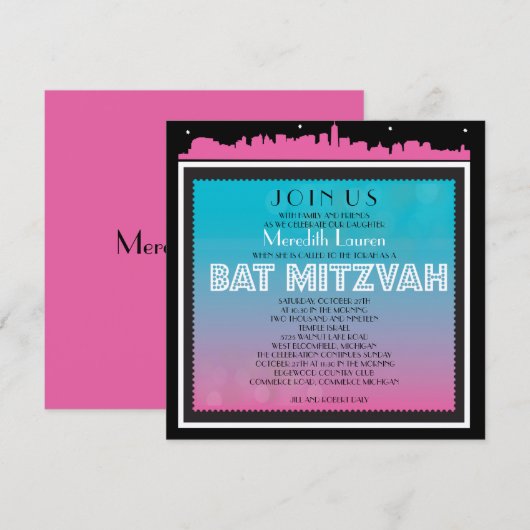 CLASSIC BROADWAY Bat Mitzvah Uitnodiging-regenboog Kaart (Voorkant / Achterkant)