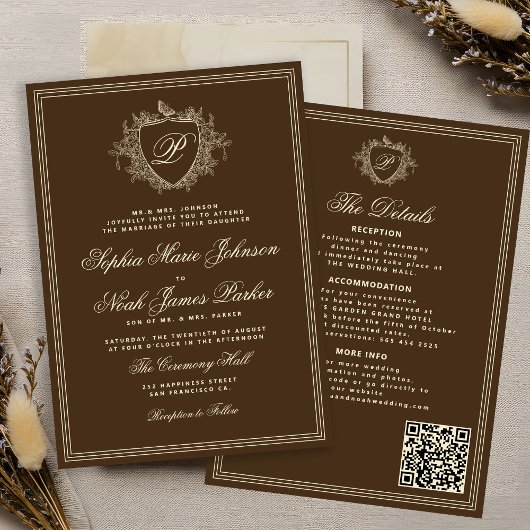 Classic brown QR code formal monogram wedding  Kaart