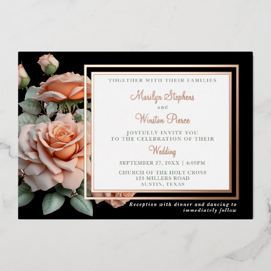 Classic bruiloft perzik Roos Folie uitnodiging (Voorkant)