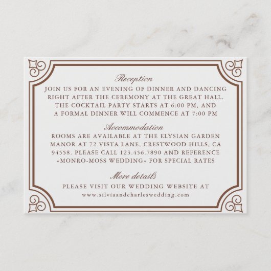 Classic bruin & ecru trouwgegevens informatiekaartje (Voorkant)