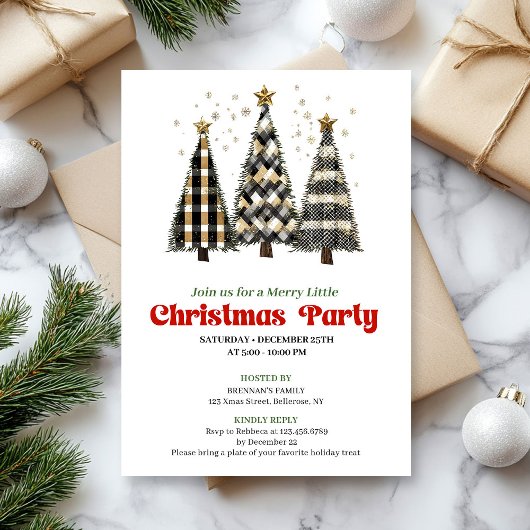 Classic buffalo plaid Christmas tree party invite Kaart