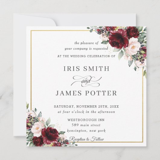Classic Burgundy Blush Floral Gold Wedding Square Kaart (Voorkant)