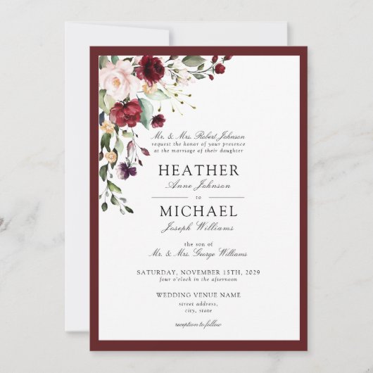 Classic Burgundy Blush Floral Waterverf Script Kaart (Voorkant)