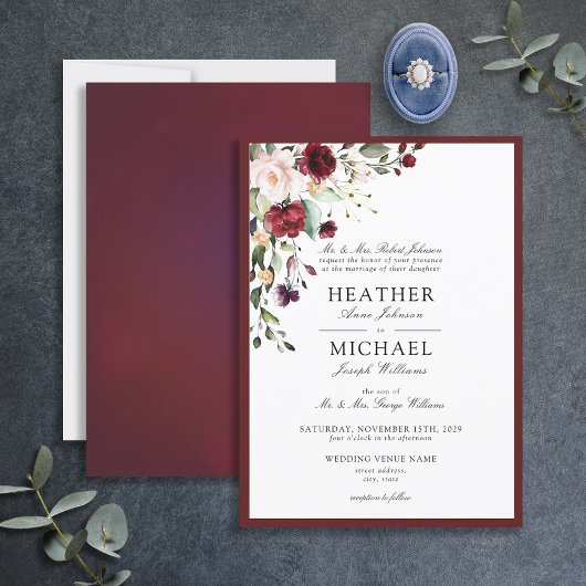 Classic Burgundy Blush Floral Waterverf Script Kaart