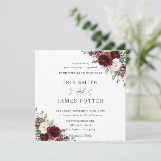 Classic Burgundy Blush Floral Wedding Square Kaart (Staand voorkant)