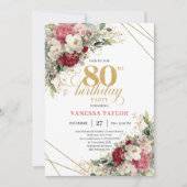 Classic Burgundy Blush Gold 80th Birthday Invite Kaart (Voorkant)