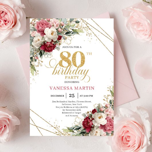 Classic Burgundy Blush Gold 80th Birthday Invite Kaart