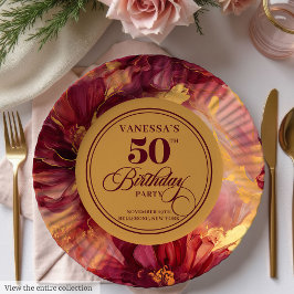 Classic Burgundy Blush Gold Flowers 50th Birthday  Papieren Bordje