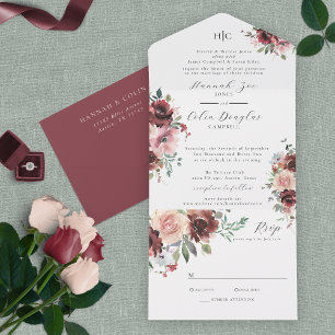 Classic Burgundy Blush Roos & Peony All in One Inv Uitnodiging