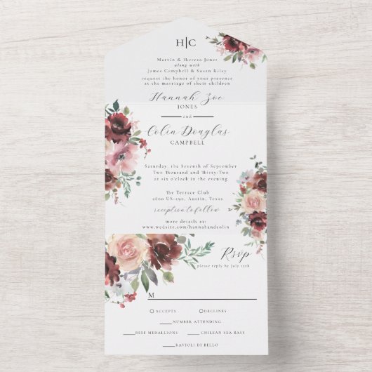 Classic Burgundy Blush Roos & Peony All In One Uitnodiging (Binnen)