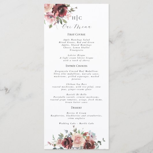 Classic Burgundy Blush Roos & Peony Menu (Voorkant)