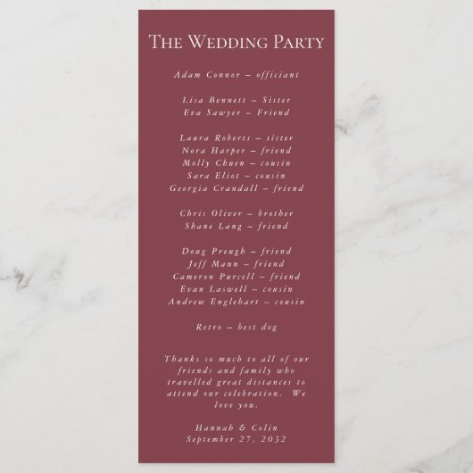 Classic Burgundy Blush Roos & Peony Programmakaart (Achterkant)