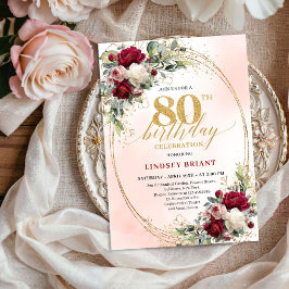 Classic Burgundy Boho Floral 80th Birthday Invite Kaart