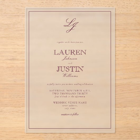 Classic Burgundy Calligraphy Monogram Weddenschap Acryl Uitnodigingen (Voorkant)