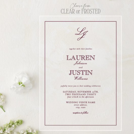 Classic Burgundy Calligraphy Monogram Weddenschap Acryl Uitnodigingen