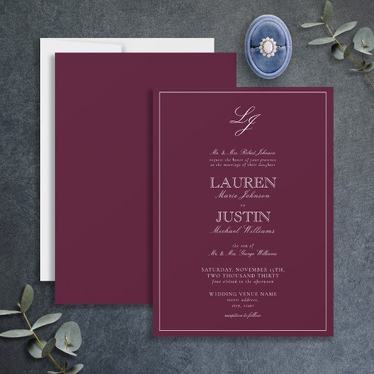 Classic Burgundy Calligraphy Monogram Weddenschap Kaart