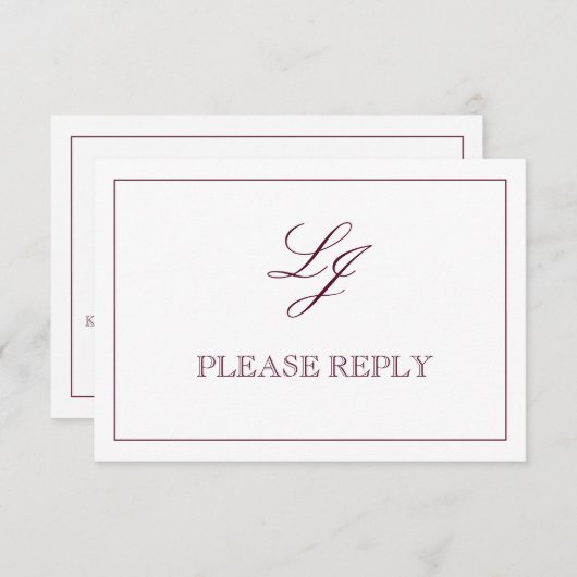 Classic Burgundy Calligraphy Monogram Weddenschap RSVP Kaartje (Voorkant / Achterkant)