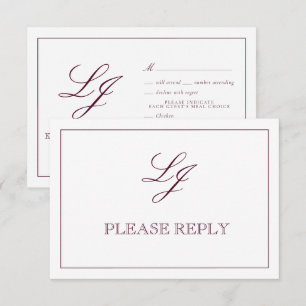 Classic Burgundy Calligraphy Monogram Weddenschap RSVP Kaartje