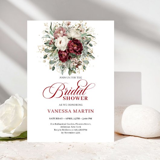 Classic Burgundy Floral Bridal Shower Invitation Kaart