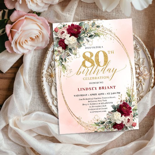 Classic Burgundy Floral Gold 80th Birthday Invite Kaart
