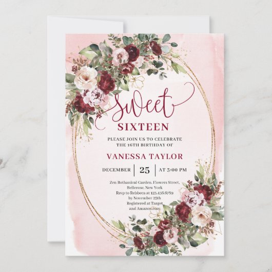 Classic Burgundy Floral Gold Sweet Sixteen Card Kaart (Voorkant)
